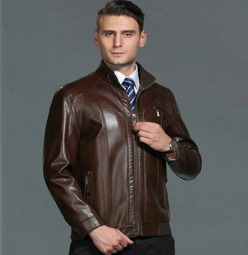 2020 new Spring Autumn Male fashion casual leather Clothing Black Brown leather Jacket Stand collar Leather Coat men Large Size