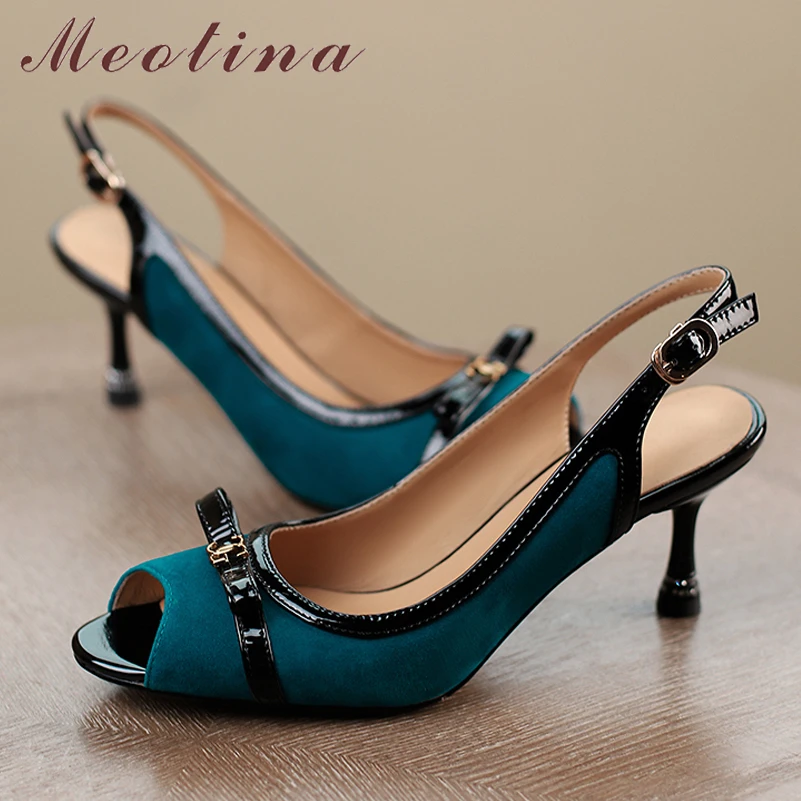 

Женские замшевые туфли Meotina, синие туфли-лодочки из натуральной кожи на тонком каблуке, с пряжкой, с ремешком на пятке, весна 2022
