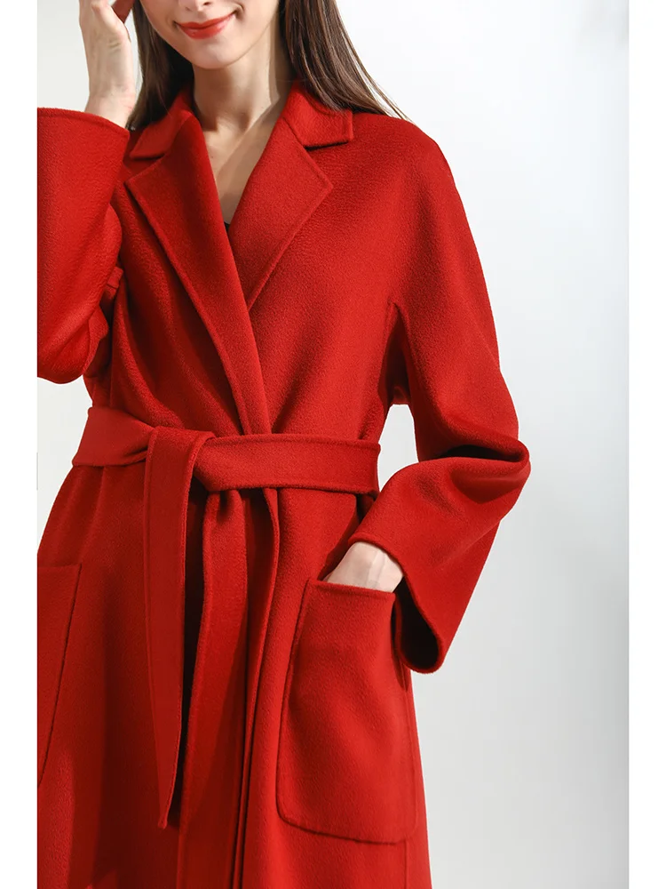 

RIZ red water double-sided cashmere coat women's medium and long high-end temperament lace wool coat