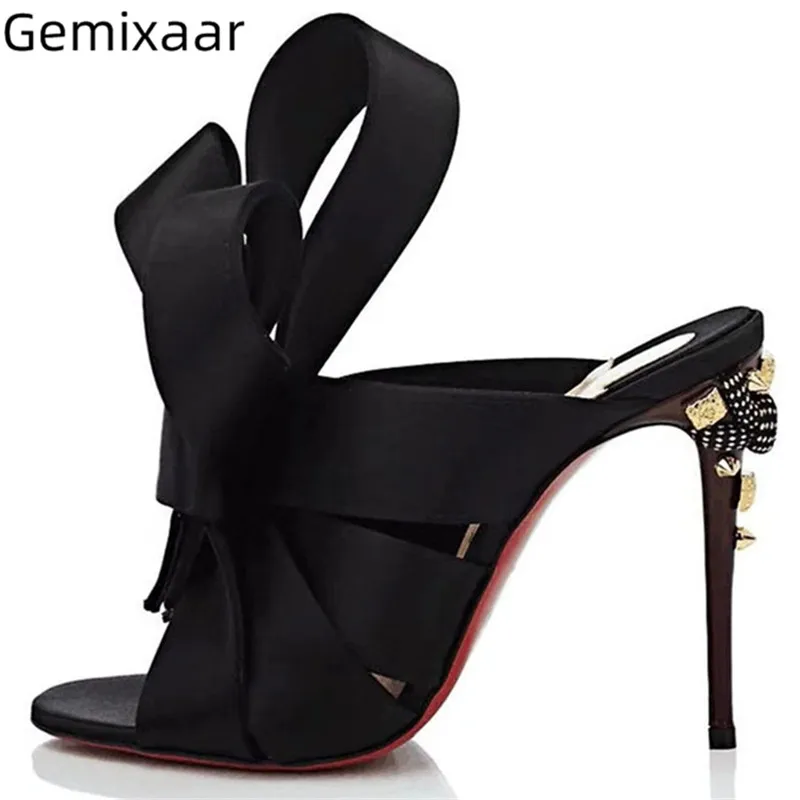 Женские шлепанцы с бантом вечерние ничные на очень высоком каблуке заклепками