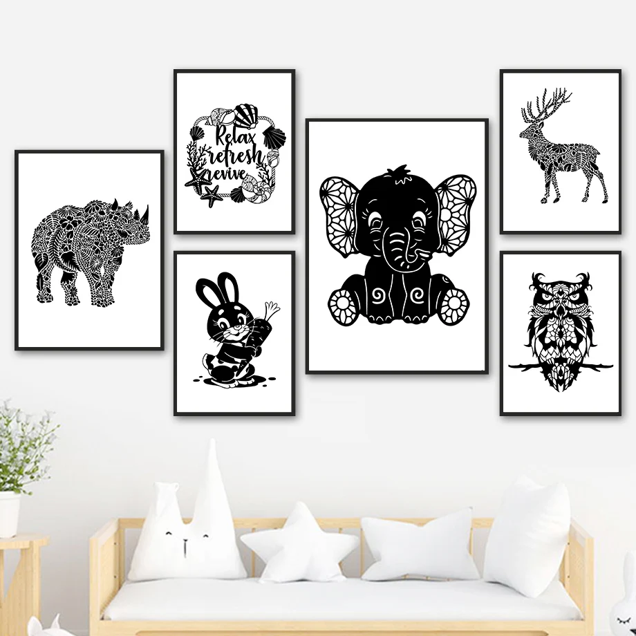 

Cute Elephant Rhino Owl Rabbit Deer Animal Wall Art Canvas Painting Nordic Posters And Prints Wall Pictures Baby Kids Room Decor