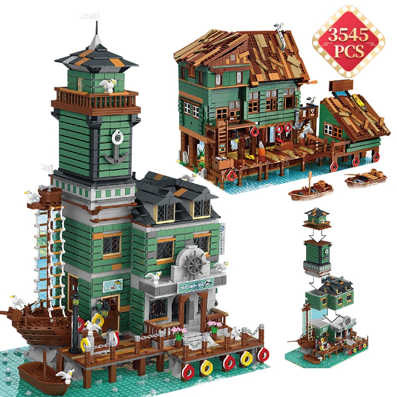 Конструктор капитаны Wharf рыбалка хижина лодка дом док станция модульные кирпичи