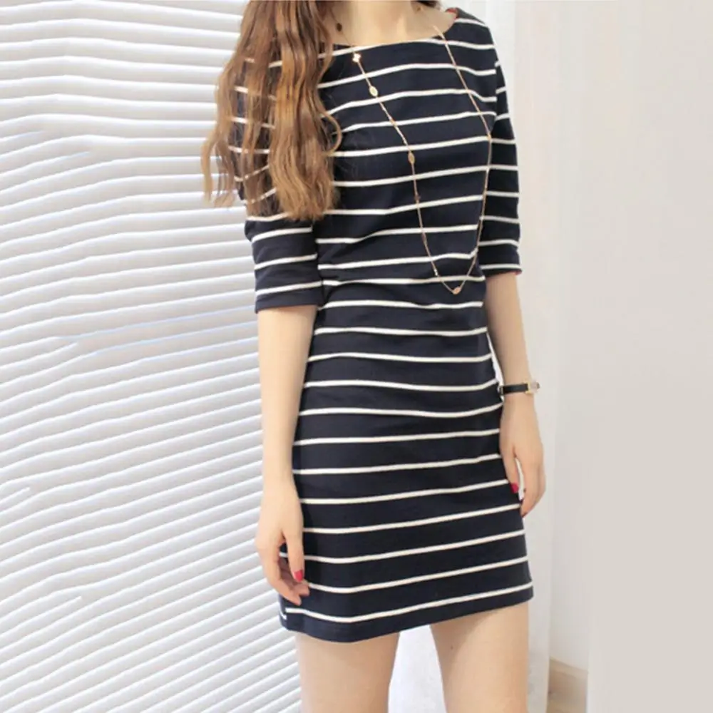 

70% Hot Sell Summer Elbow Sleeve Round Neck Striped Slim Fity Women Party Casual Mini Dress