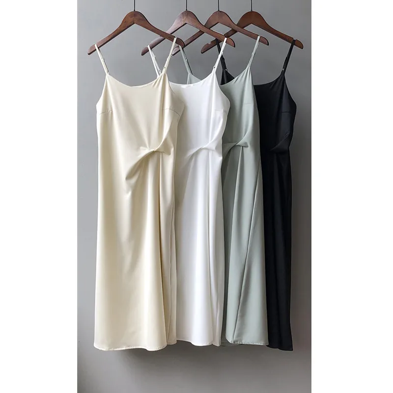 

Real shot casual retro sling dress female 2021 summer satin thin shoulder strap holiday mid-length dress