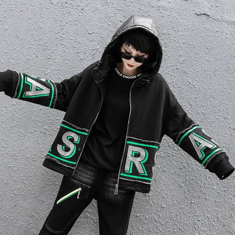

Vefadisa White Green Letter Print Women Coat 2020 Autumn Winter Thick Spliced Hooded Coat Plus Size Cardigan Coat Casual QYF4391
