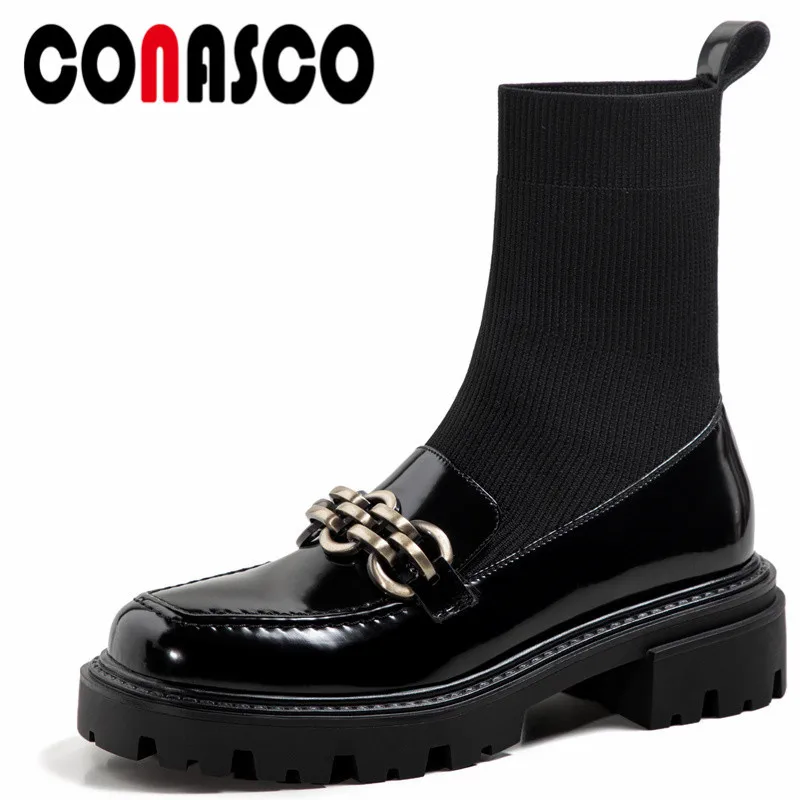 

CONASCO New Classic Women Ankle Boots Autumn Winter Warm Genuine Leather Causal Prom Office Lady Metal Decoration Shoes Woman
