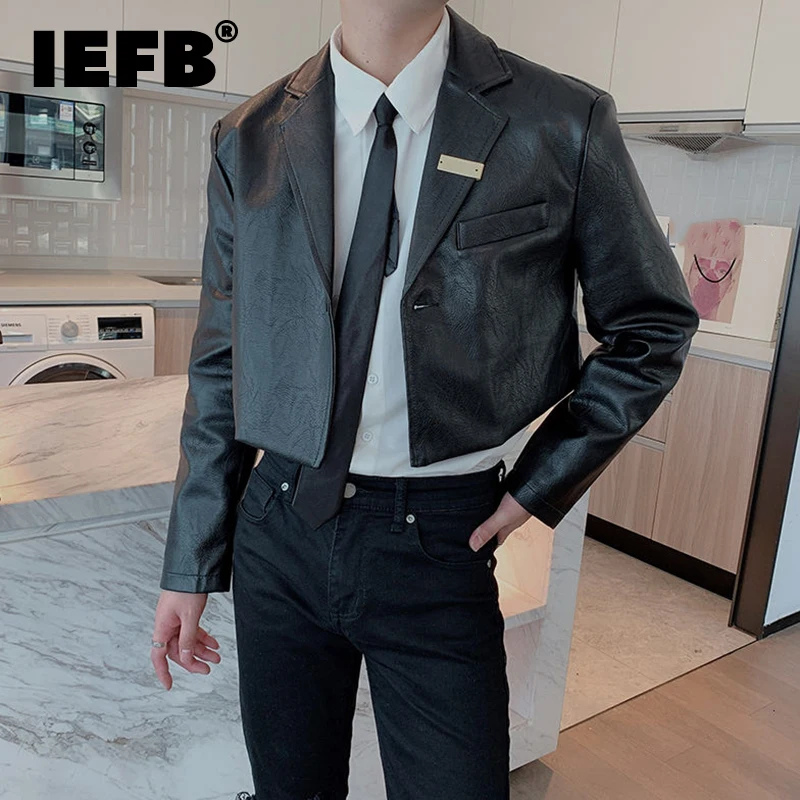 

IEFB Korean Men's Sheet Metal Spliced PU Leather Blazers New Loose Notched Single Button Short Suit Jacket Tide Autumn 2023