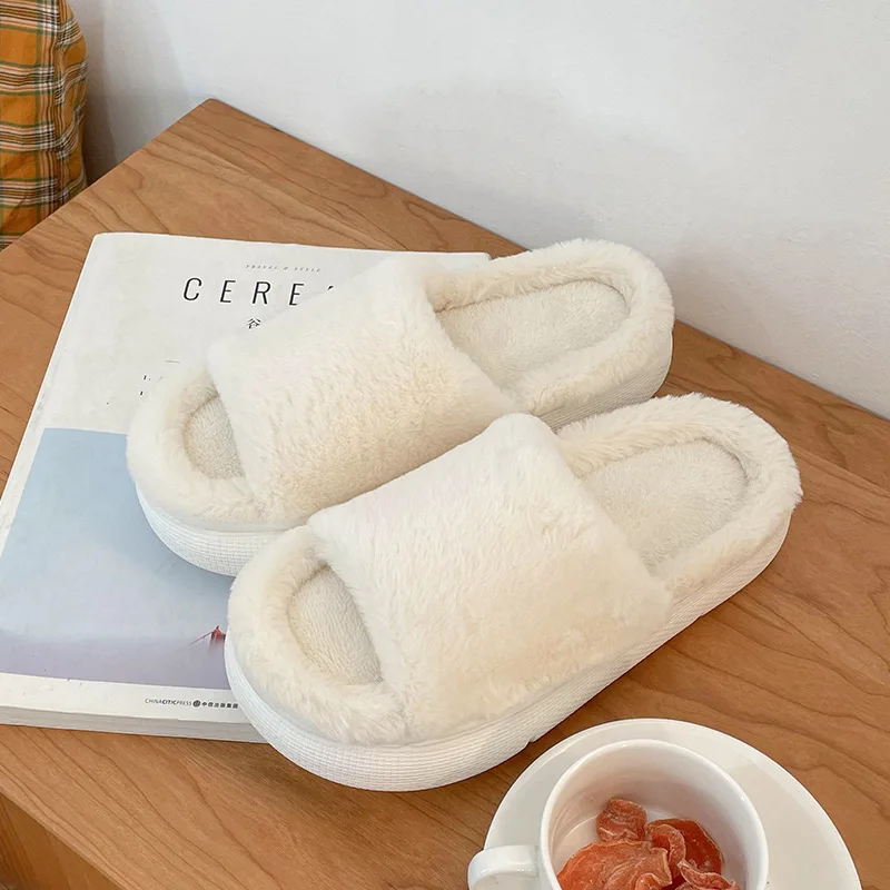 Thick-Soled Solid Color Plush Women's Slippers Summer Wear Ins Tide Net Red Home Indoor Cute Cotton Slippers Autumn And Winter