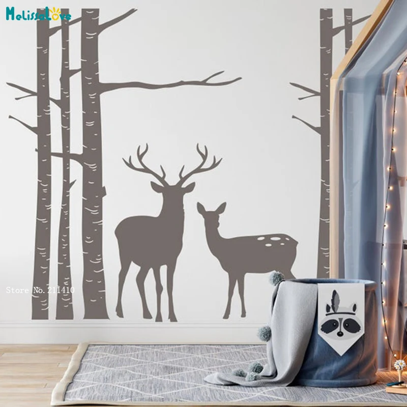 

Birch Trees Forest With Deers Wall Decals Animal Large Size Nursery Woodlands Kids Theme Nature Decoration Murals Vinyl YT4962