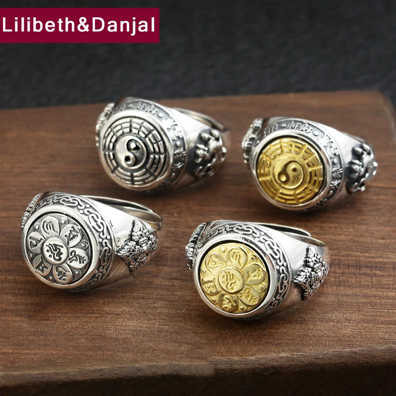Мужское кольцо с Буддой вращающееся из чистого серебра мантрой Тай Чи