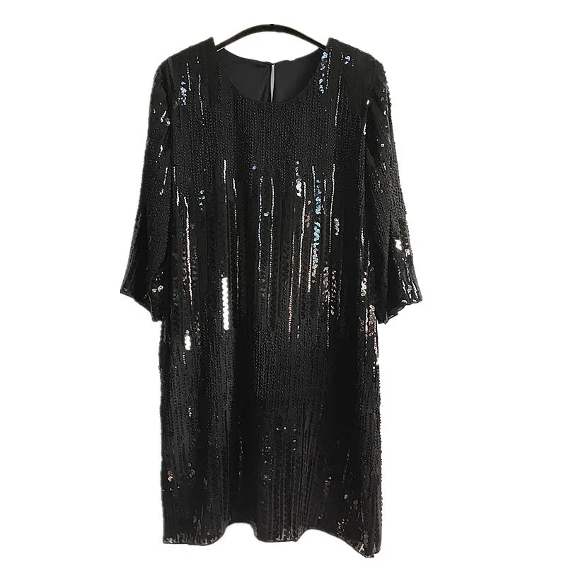 

Новые Модные платья с бисером и блестками, женское свободное платье до колена с круглым вырезом