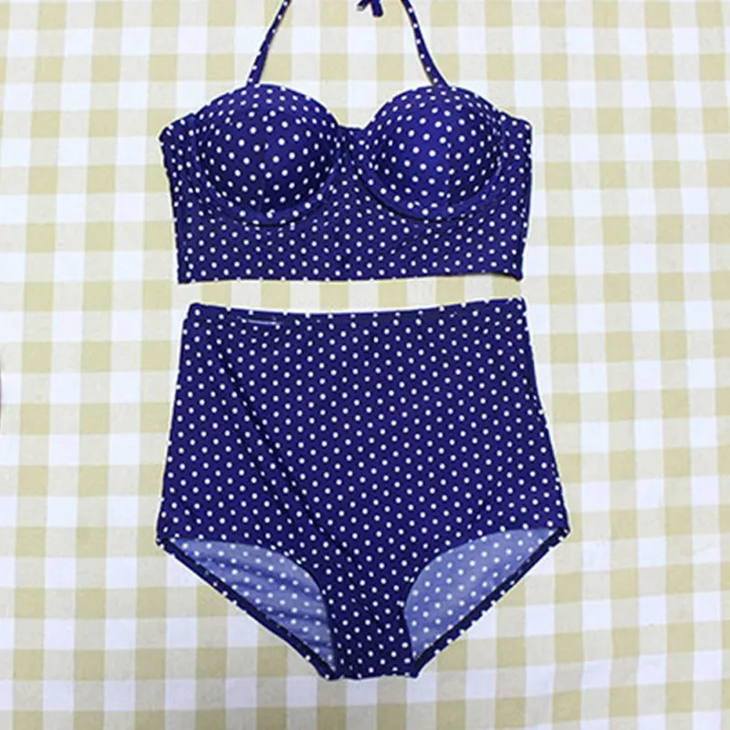 

Women Swimsuit Dot Print High Waist Halter Cross Strap Bandage Split Bikini Set Sexy Gathered Thin Dark Blue Swimwear