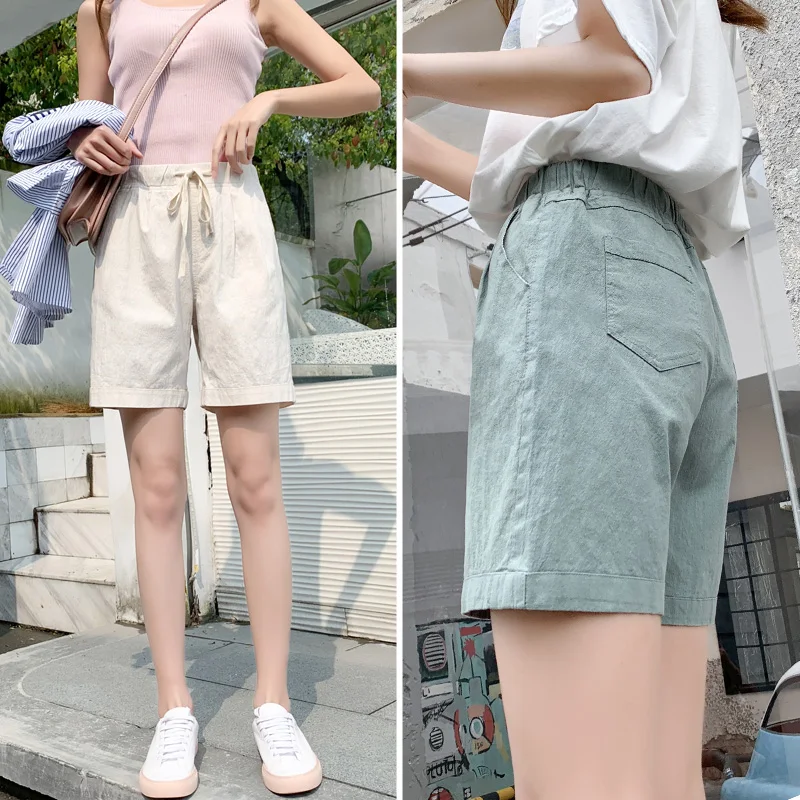 

Cotton linen women shorts 2020 summer new high waist drawstring solid straight slim female shorts top quality