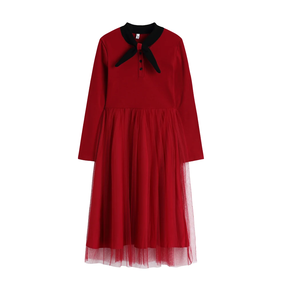 

COIGARSAM French Style Patchwork Women dress New Spring Mesh High Waist Dresses Red 6301