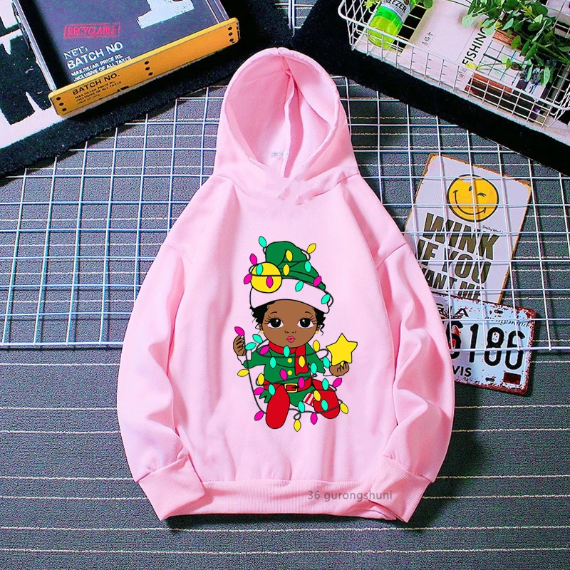 

2022 Hot Sale Black Girl Magic Hoodies Christmas Tree Kids Clothes White/Pink/Yellow Sweatshirt Melanin Children'S Clothing