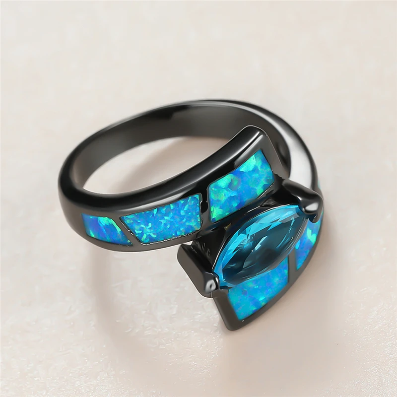 

Luxury Female Aqua Blue Leaf Crystal Ring Charm 14KT Black Gold Wedding Rings For Women Cute Bride Geometry Opal Engagement Ring