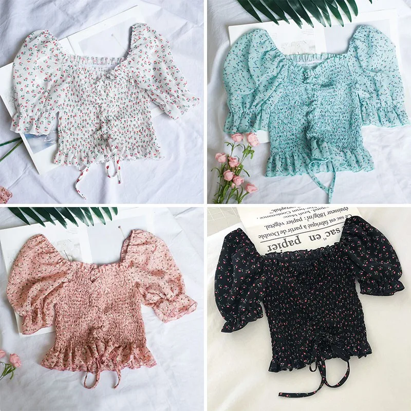

Women's Blouse Summer Fashion Floral Print Square Collar Tops Sexy Sweet Pleated Short Chiffon Shirt