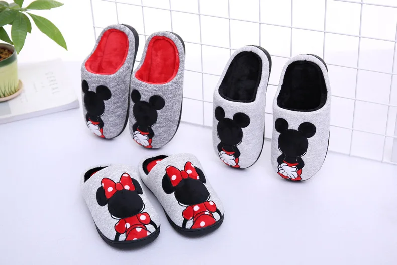Disney/Детские хлопковые тапочки новые зимние домашние теплые Нескользящие хлопковые тапочки для мальчиков полосатые туфли с Микки из мультфильма для родителей и детей