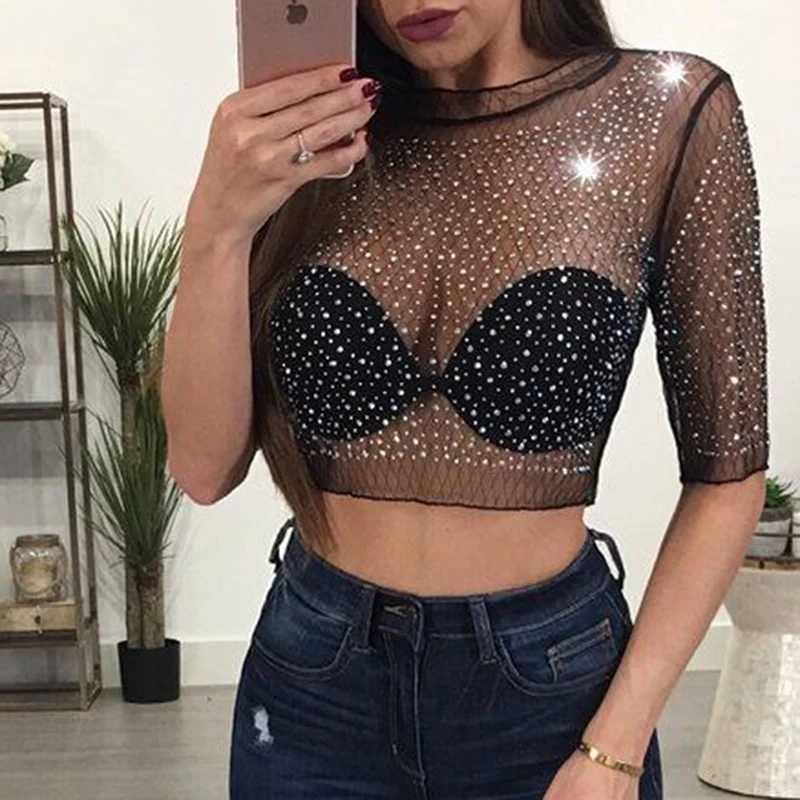 Women Sexy Mesh Hot Drilling Transparent T-shirt Summer 2019 Half Sleeve Ladies Crop Top Fashion | Женская одежда
