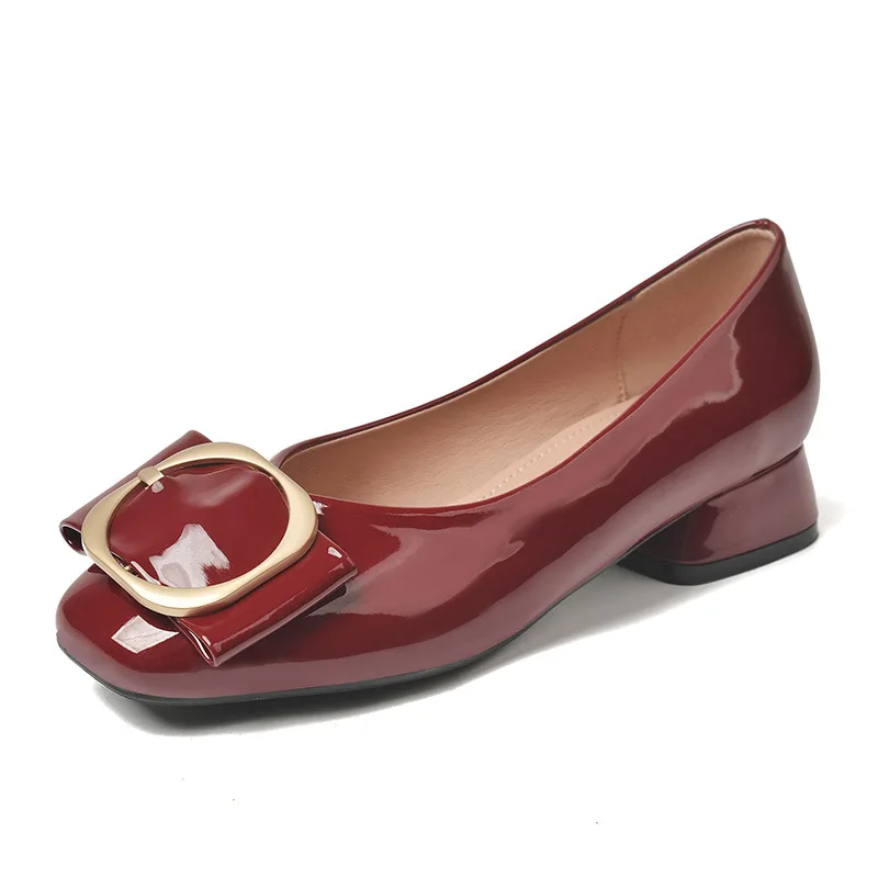 

New Metal Buckle Patent Leather Flats Women Large Size Moccasins Ballerina Square Toe Thick Heels Loafers Women Shoes 2020