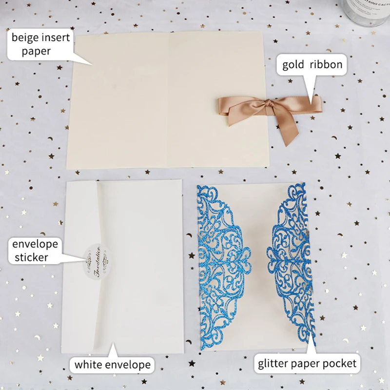 

50pcs Glitter Paper Laser Cut Wedding Invitation Card Greeting Cards Personalize With Ribbon Wedding Decor Party Favors Supplies