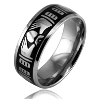 mens claddagh ring black stainless steel hands clasped heart surmounted crown punk style celtic traditional irish jewelry