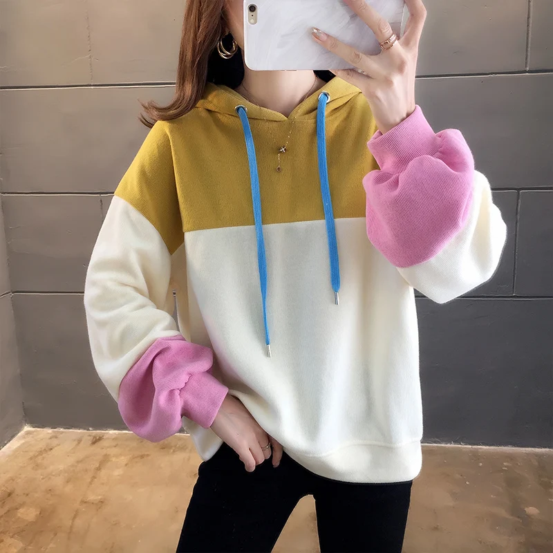 Осенняя мода новый цвет мозаика женское худи Ins фиолетовый Плюс Размер Женская