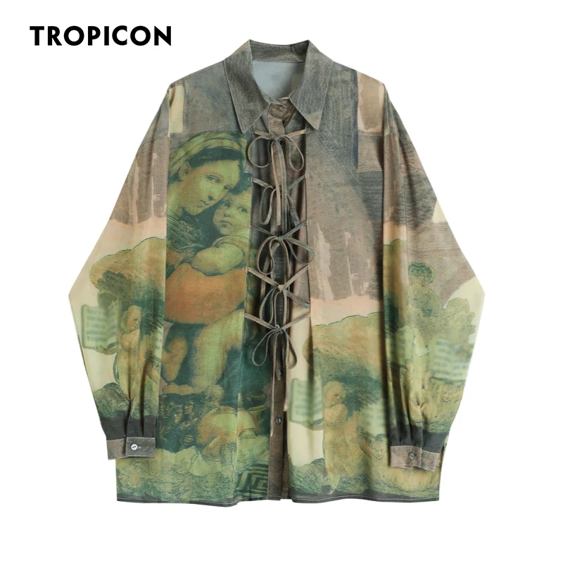 

Длинная рубашка TROPICON с принтом эпохи Возрождения, женская блузка с длинным рукавом, винтажный топ с завязкой, свободная рубашка с воротнико...