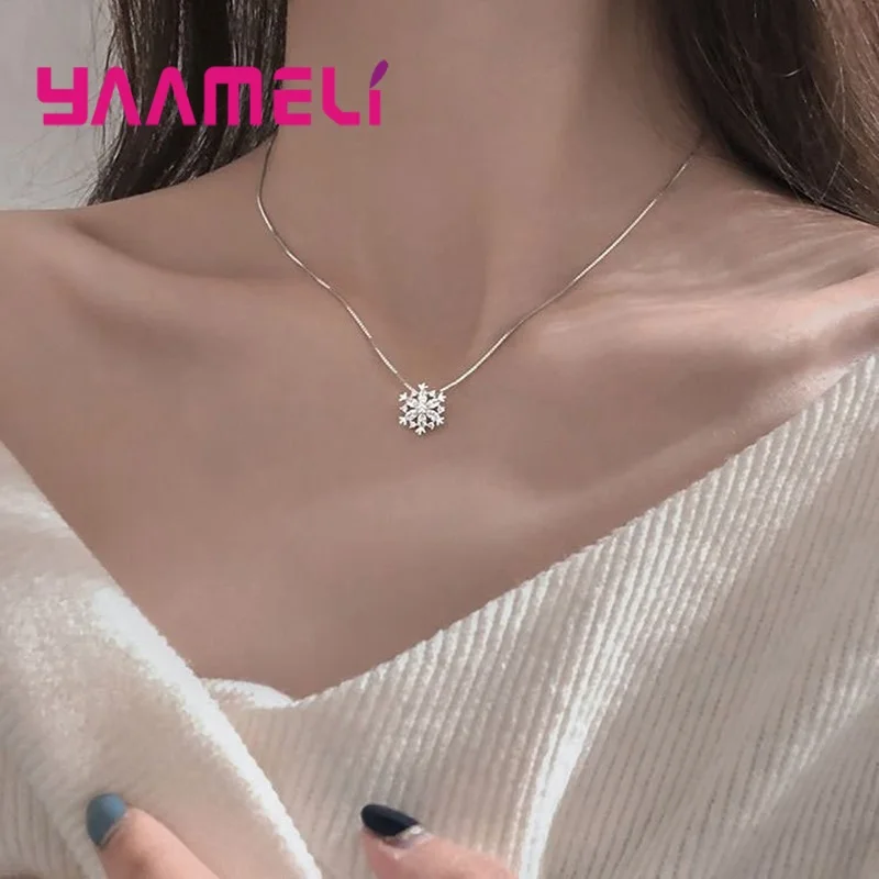 

Fashion 925 Sterling Silver Jewelry White AAA Zirconia Snowflake Pendant Neckace For Women Gift Chain Choker Necklace
