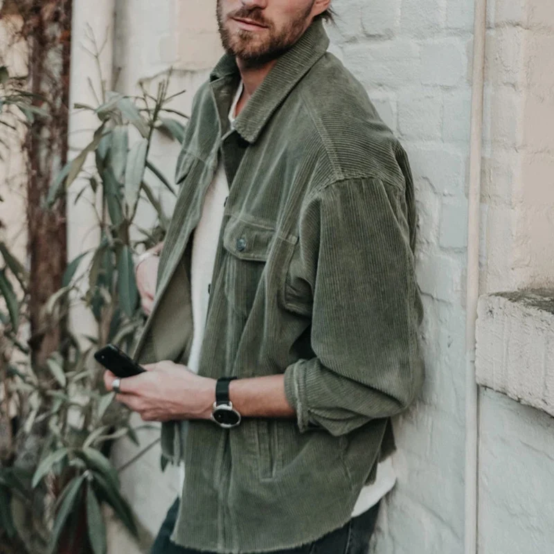 

Harajuku Turn-down Collar Buttoned Jacket For Men 2021 Autumn Winter Fashion Solid Loose Coats Men New Casual Pocket Streetwear