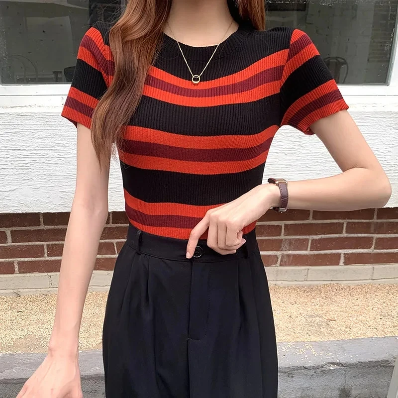 

T Shirts Women O Neck Short Sleeve Striped Knitted Crop Tops Tees Summer Fashion Knitwear Female Stretchy Slim Pullover Tshirt