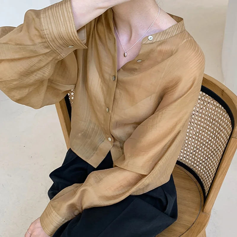

Retro Fashion Women's Shirt Stand-up Collar Loose Long-sleeved Wild Short Tencel Shirt Women Clothing 2021 Spring and Autumn
