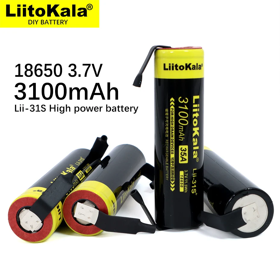 LiitoKala-batería de iones de litio para dispositivos de alto drenaje, pila de ion de litio de 3100mA 35A para dispositivos de drenaje, níquel, bricolaje, 1-20 piezas, nuevo, Lii-31S 18650 3,7 V