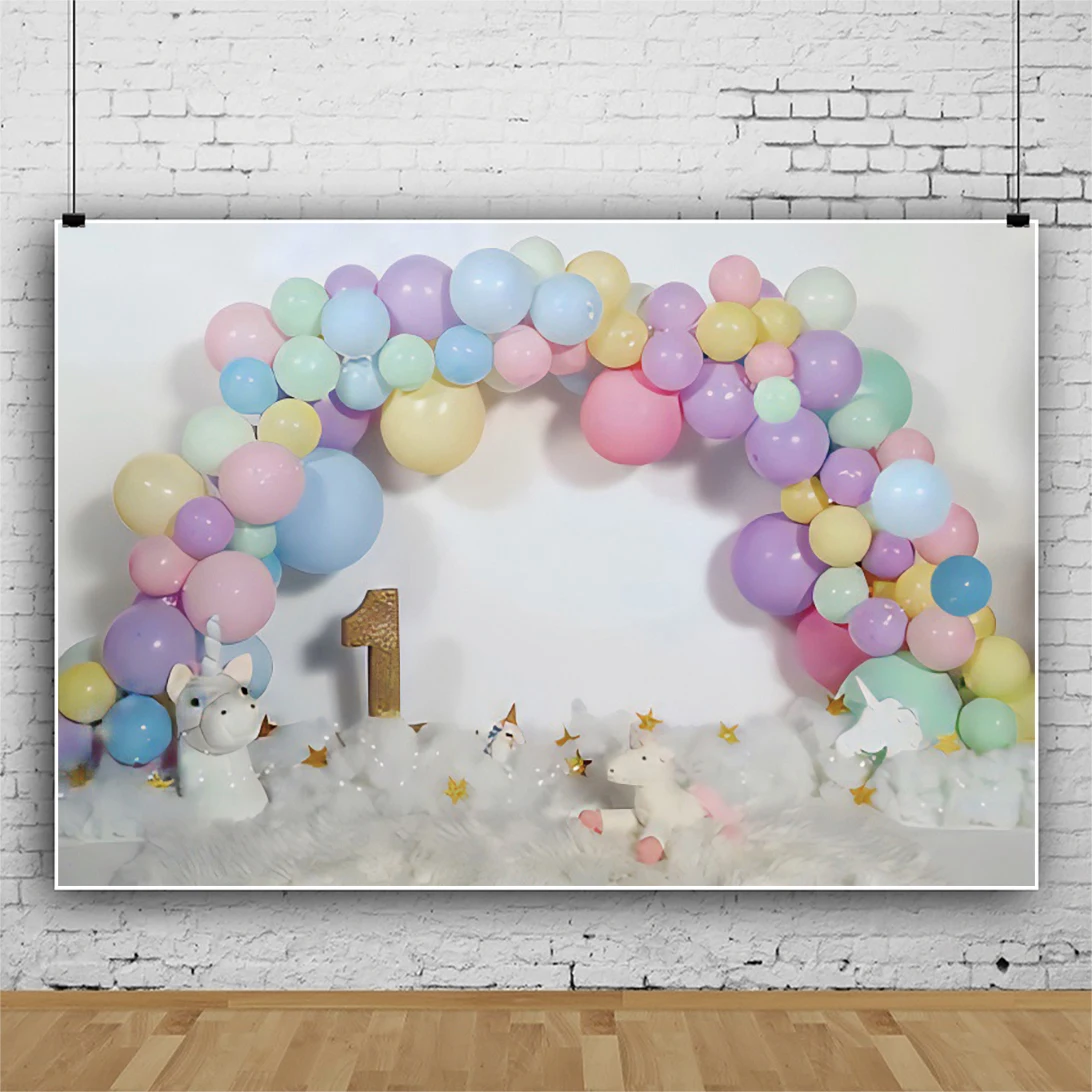 

Laeacco Unicorn Macaron Balloons Baby 1st Birthday Party Photography For Background Family Photocall Photo Backdrops Photostudio