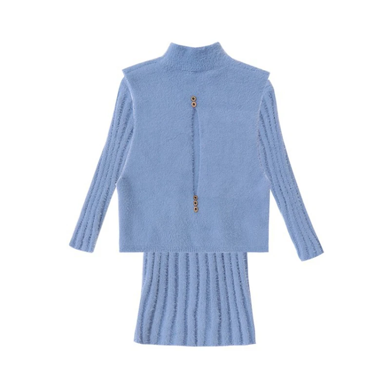 

Girl solid color dress vest two-piece Girl autumn and winter long sweater vest suit Girl windproof warm sweater set