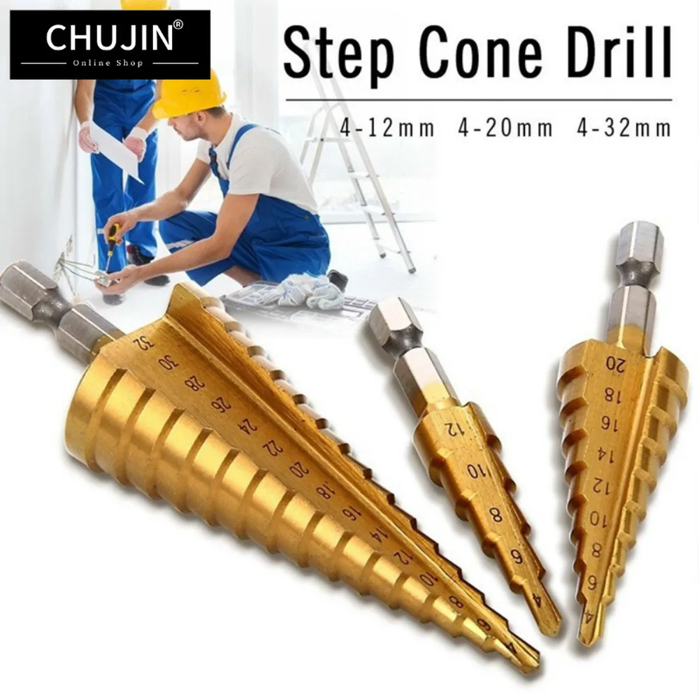 

CHUJIN 4-12/20/32mm 3pcs Step Drill Bit Unibit Titanium HSS Steel Cone Drill Industrial Reamer Hexagon Kit Set Hole Cutters