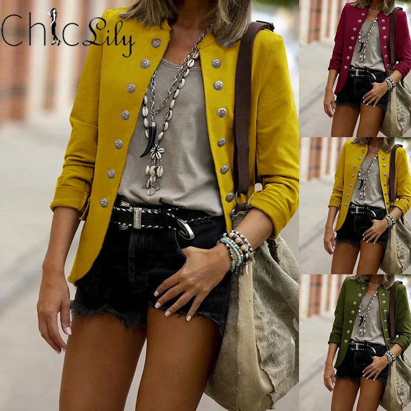 

Chiclily Designer Jacket Casual Coat Women's Double Breasted Buttons Outer Size Vintage Solid Loose Work Wear Jacket