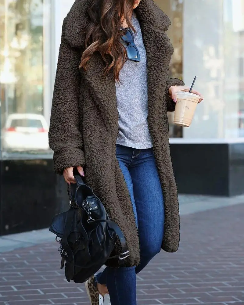 

Ninimour Women Elegant Casual Loose Solid Long Teddy Coat Female Vintage Plus Size Thick Faux Fur Jackets Coats