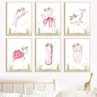 Настенная картина с акварелью, Китом, планшетом, черепашкой, морской жизнью, Картина на холсте, скандинавские плакаты и принты, настенные картины, декор для детской комнаты