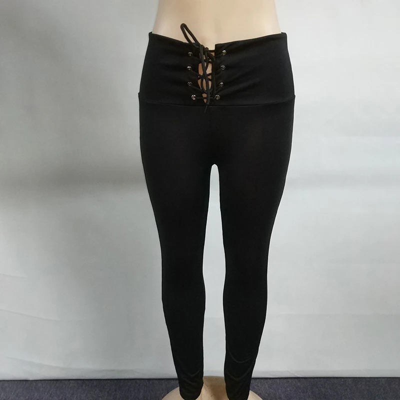 

GAOKE 2021 Fashion High Waisted Skinny Solid Leggings Ankle Length Stretch High Waist Lace Up Leggings