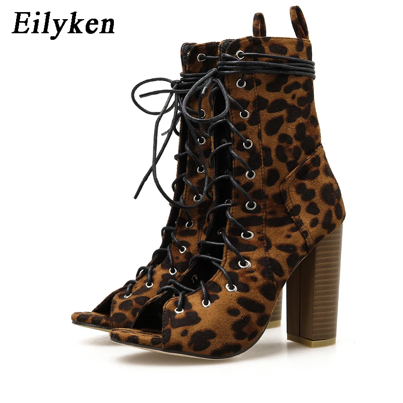 Eilken/Модные леопардовые ботильоны на квадратном каблуке с перекрестной шнуровкой