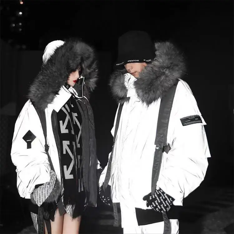 Зимняя плотная 3M куртка со светоотражающим меховым воротником для пары мужчин и