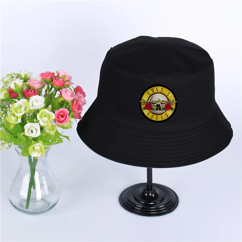 Sombrero de pescador con Logo de Guns and roses para hombre y mujer, sombrero de cubo de Panamá con diseño de pistolas y rosas, visera plana para el sol
