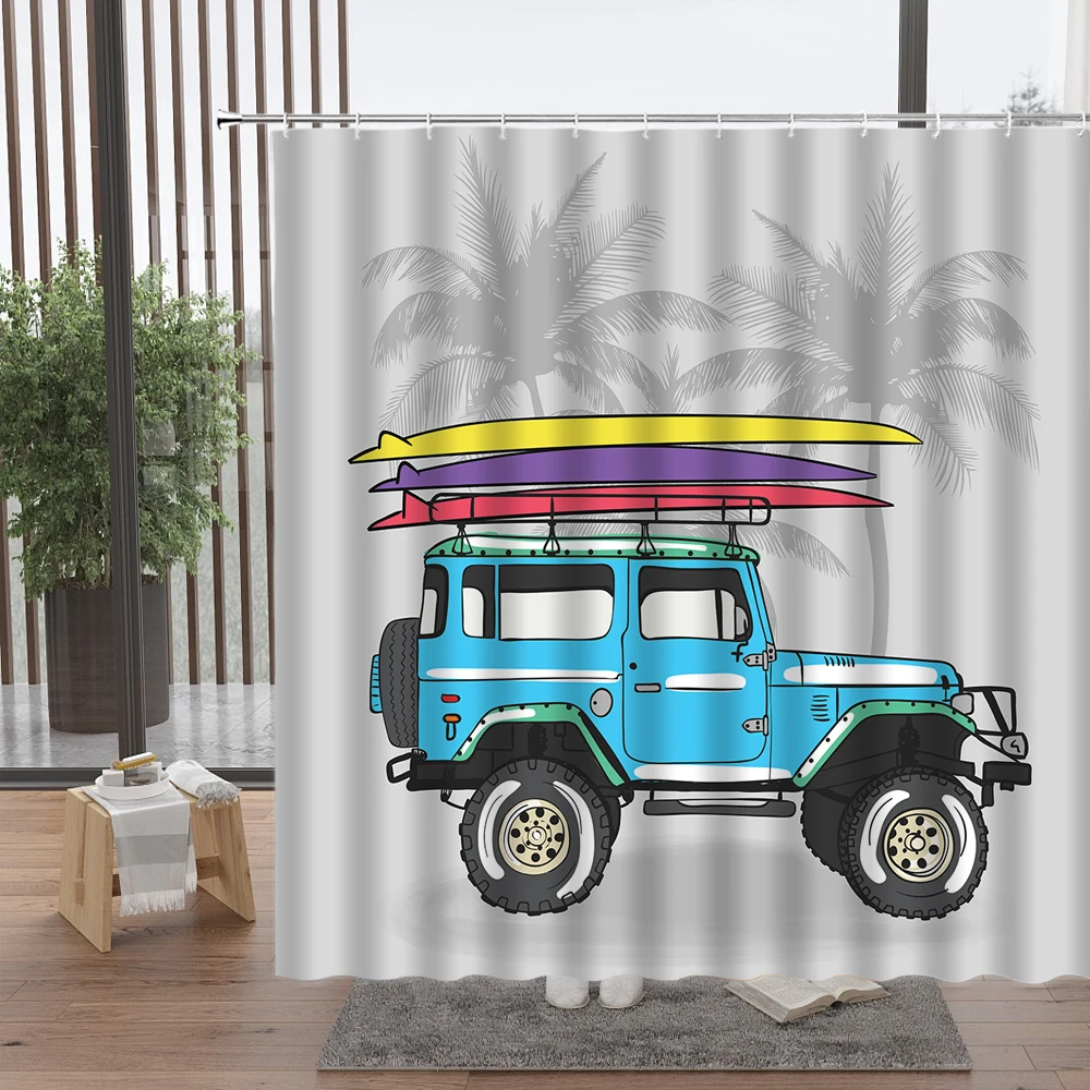 retro vintage car shower curtain motorcycle coconut tree surfboard travel bathroom accessories set with hook bathtub decor cheap free global shipping