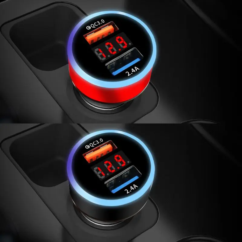 

12V/24V Dual Ports QC 3.0 USB Car Fast Charger Cigarette Lighter Digital LED Voltmeter Power Adapter for Mobile Phone Tablet GPS