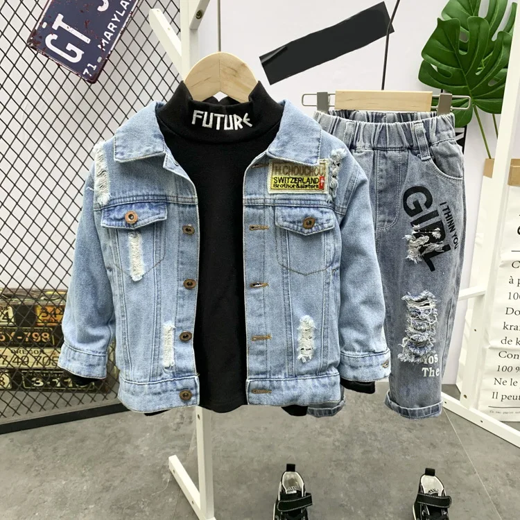 

Детская одежда для маленьких мальчиков джинсовая куртка + футболка + штаны, 3 вещи в комплекте, костюмы для младенцев, комплекты одежды для де...