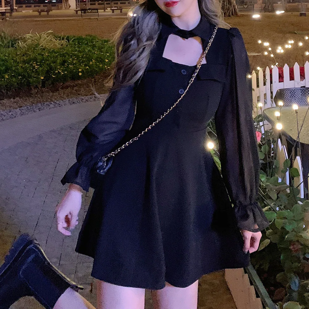 

Lolita Goth Style Sweet Cool Dark Black Casual Retro Plain Printed Hollow Waist Slim 2021 Spring Autumn New Fashion Woman Dress
