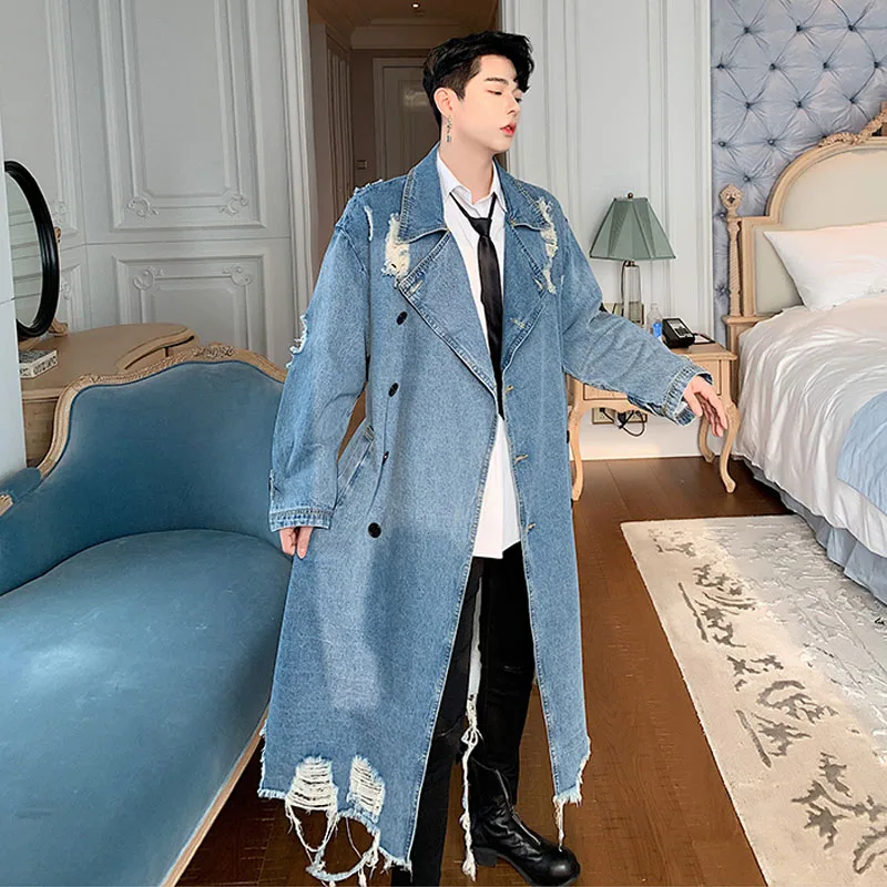 Мужская дырка панк готический джинсовый Тренч пальто винтажная мода уличная хип