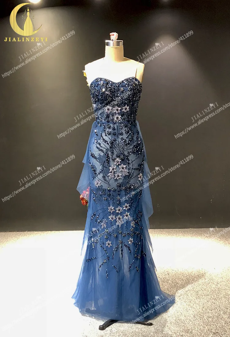 JIALINZEYI Real Picture Newest Navy Blue Spaghetti Strap Crystal Sexy Luxurious Party Dress Formal Dress Evening Dresses 2021
