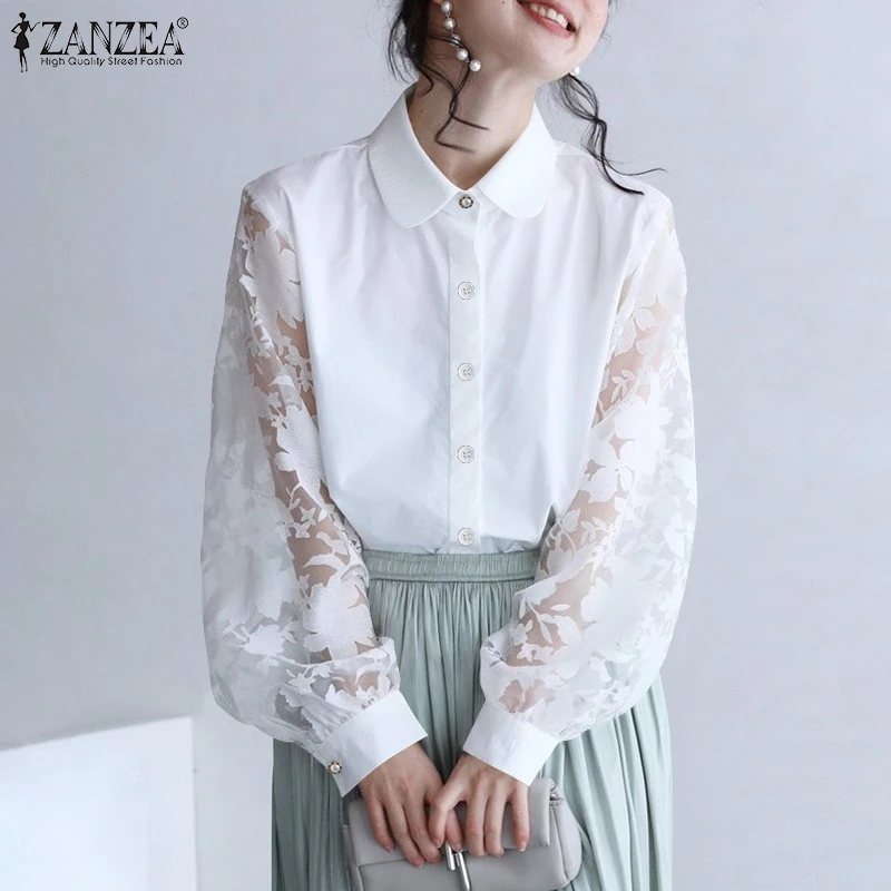

Autumn Fashion Shirts ZANZEA Elegant See Through Tops Women's Solid Lace Patchwork Chemise Casual Lady Lapel Oversized OL Blouse